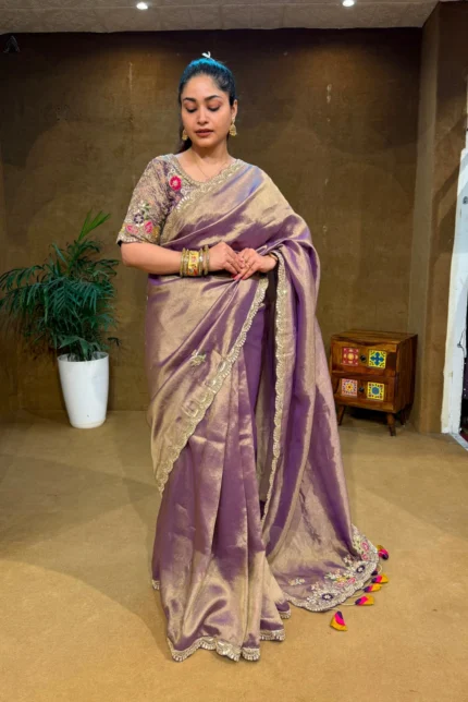 Royal Lavender Tissue Silk Saree with Embroidered Blouse