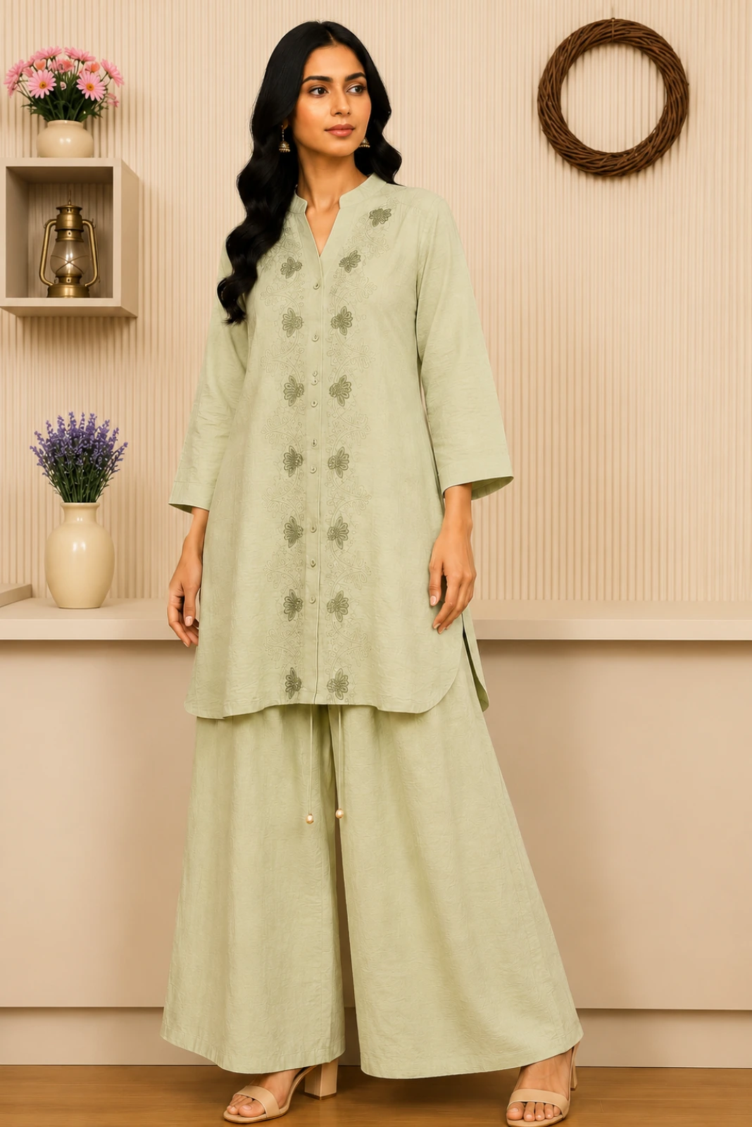 Solid Pista Green Embroidered Kurta with Wide Palazzo