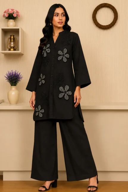 Stylish Embroidered Kurta with Wide Palazzo Cord Set