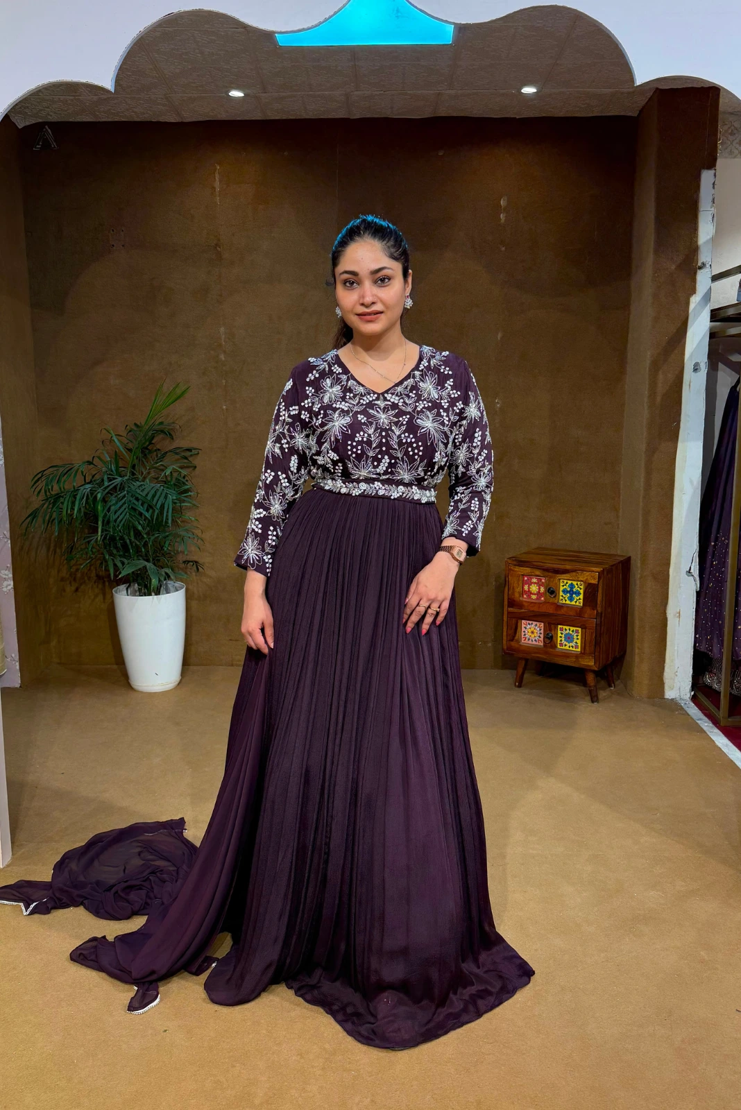 Wine Designer Gown Set with Dupatta & Belt Waist1