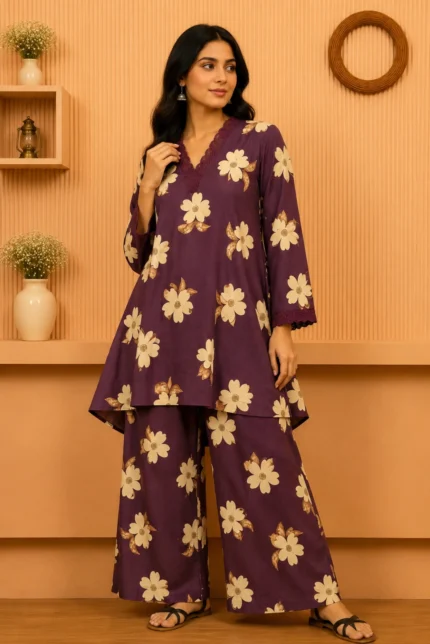 Wine Embroidered Princess Cut Kurti with Palazzo