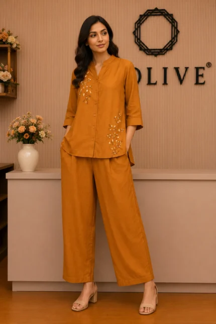 Women's Rust Pearl Embroidered Co-Ord Set