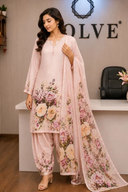 Baby Pink Floral Short Kurta with Farshi Salwar & Dupatta