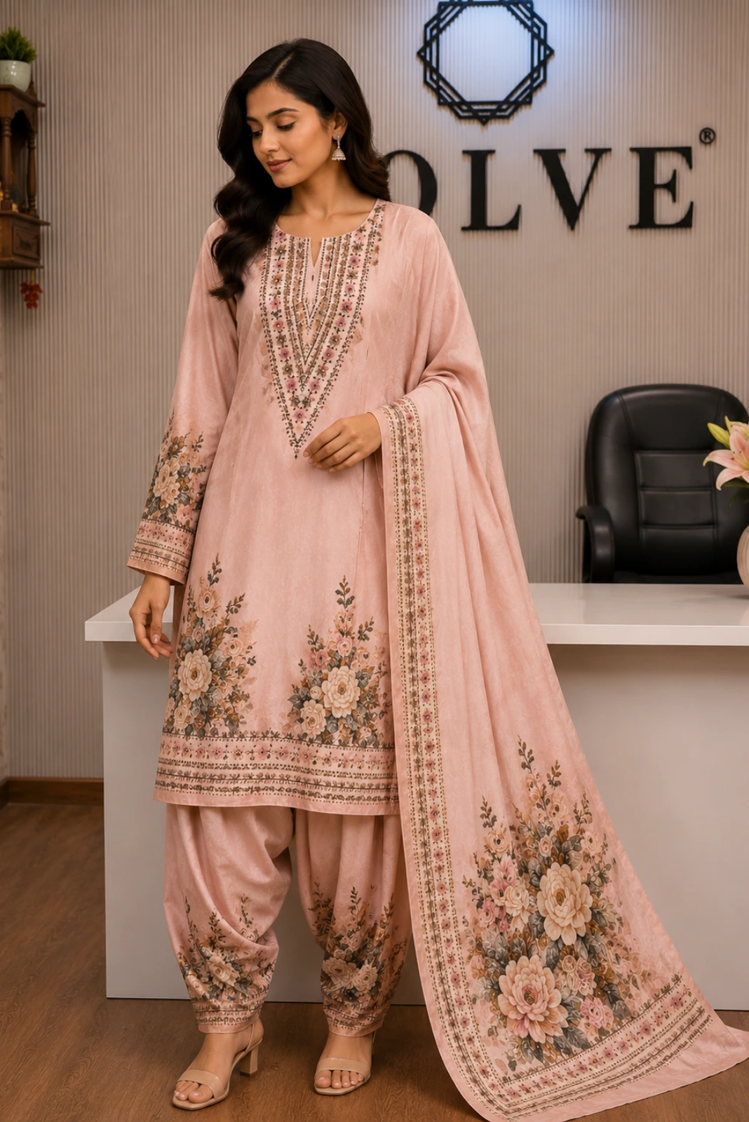 Baby Pink Floral Short Kurta with Farshi Salwar & Dupatta