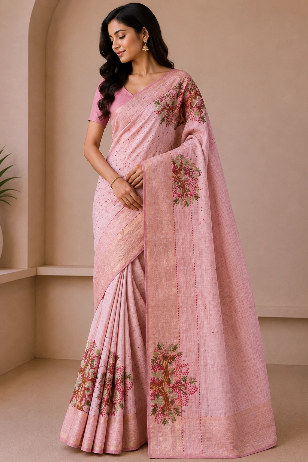 Baby Pink Handloom Cotton Kantha Stitch Saree1