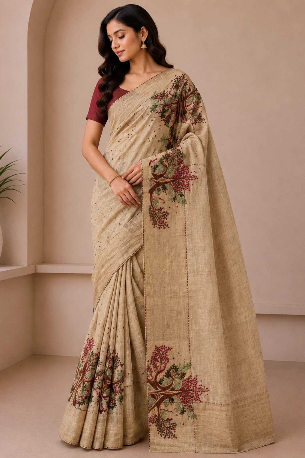 Beige Handloom Cotton Kantha Stitch Saree1