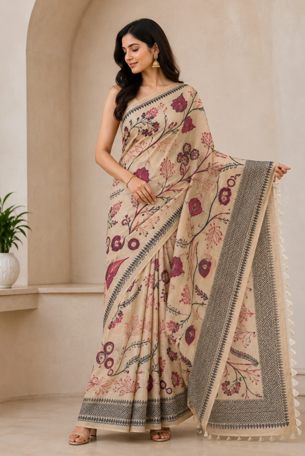 Beige Jamdani Cotton Weaving Saree1