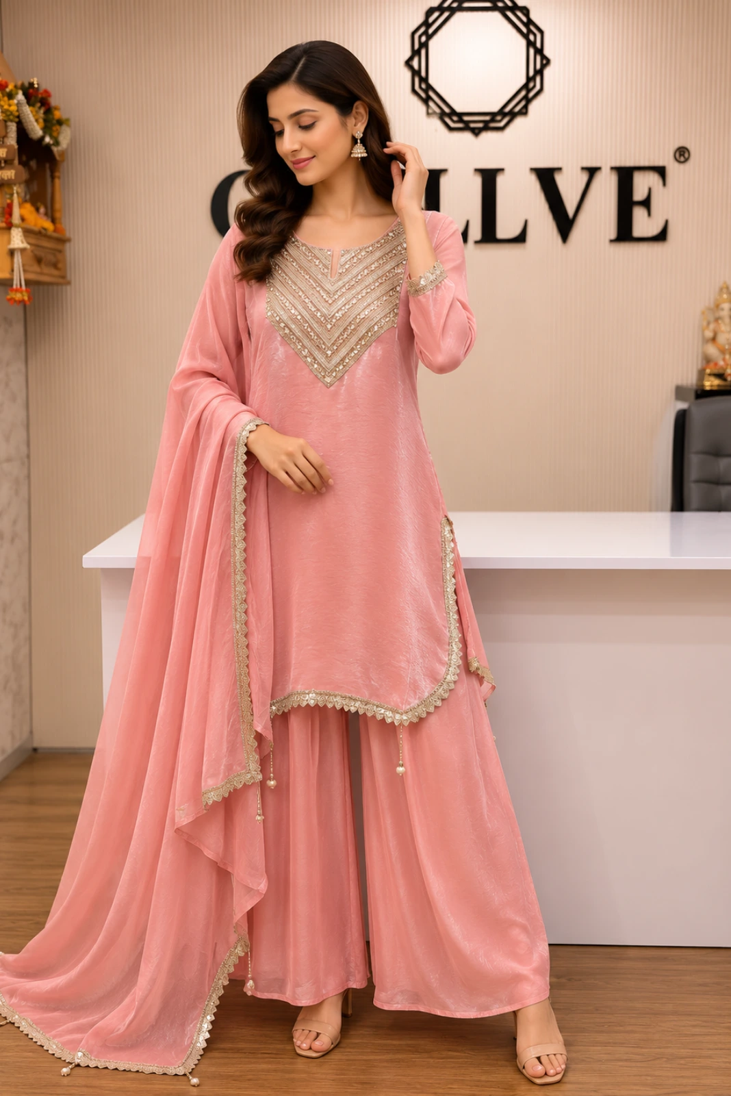 Blush Pink Embellished Short Kurti with Palazzo Set & Organza Dupatta1