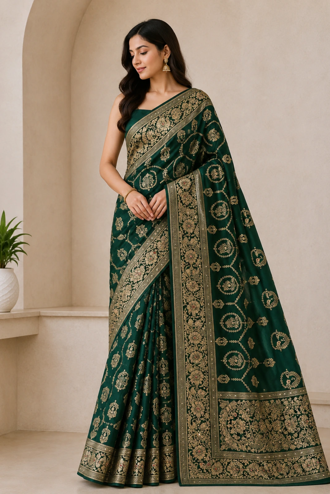 Bottle Green Dola Silk Hand Embroidered Woven Saree1