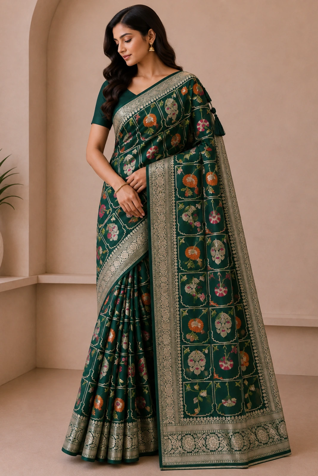 Bottle Green Jamdani Silk Weaving Saree1