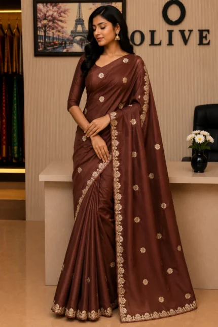 Brown Soft Organza Embroidered Saree