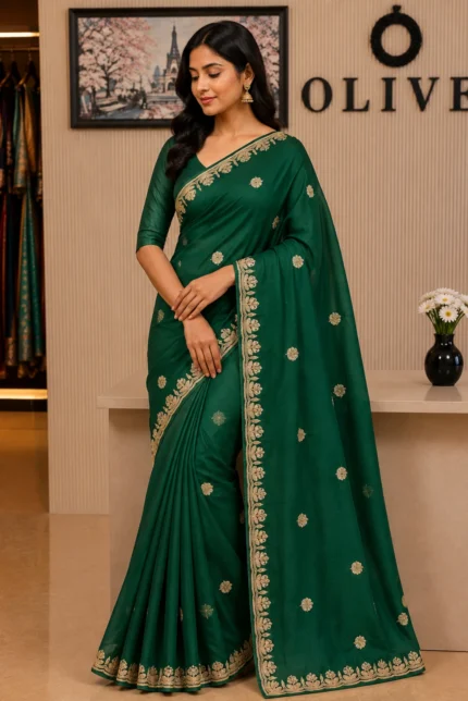Dark Green Soft Organza Hand Embroidered Saree
