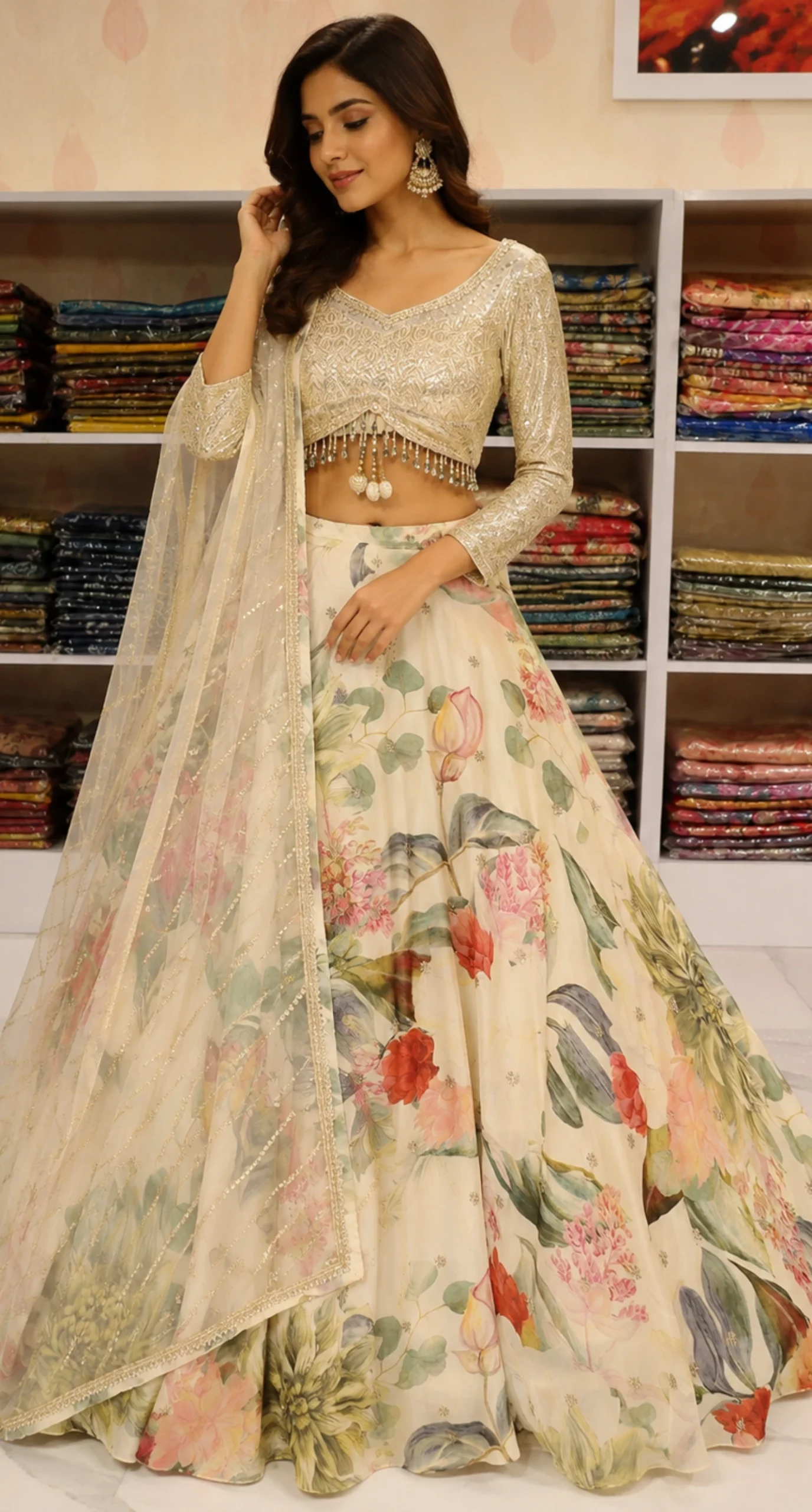 Designer Ivory Lehenga Set with Embroidered Blouse & Soft Net Dupatta2