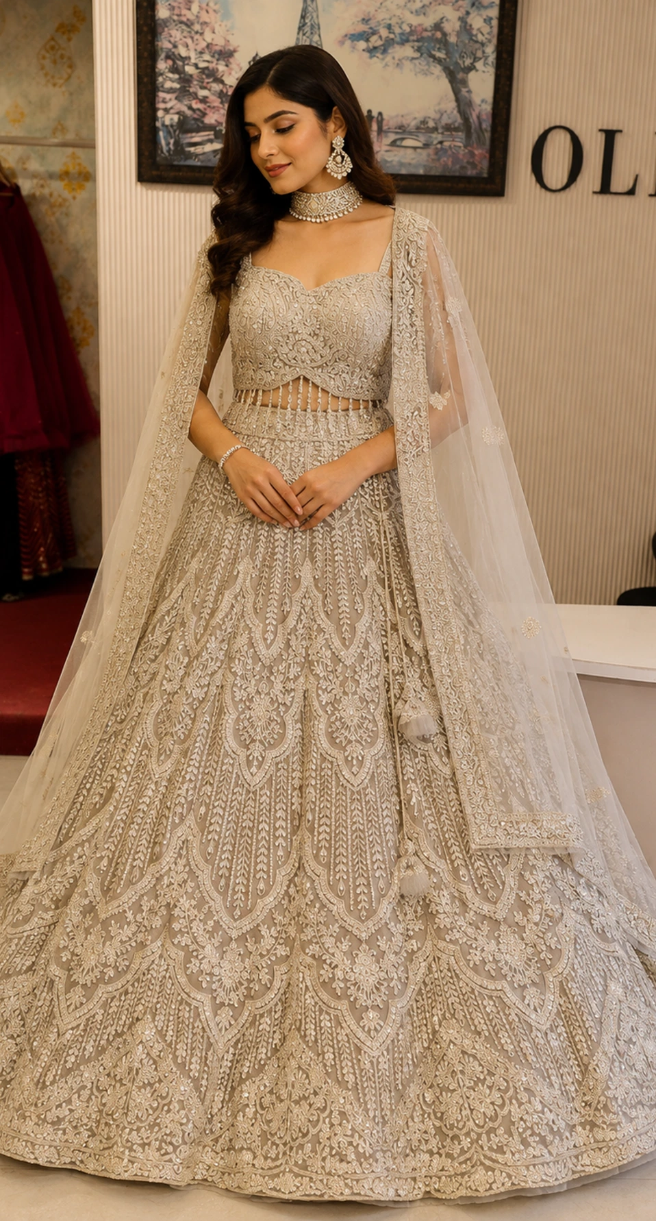 Designer Off White Embroidered Lehenga Choli with Dupatta & Jacket2