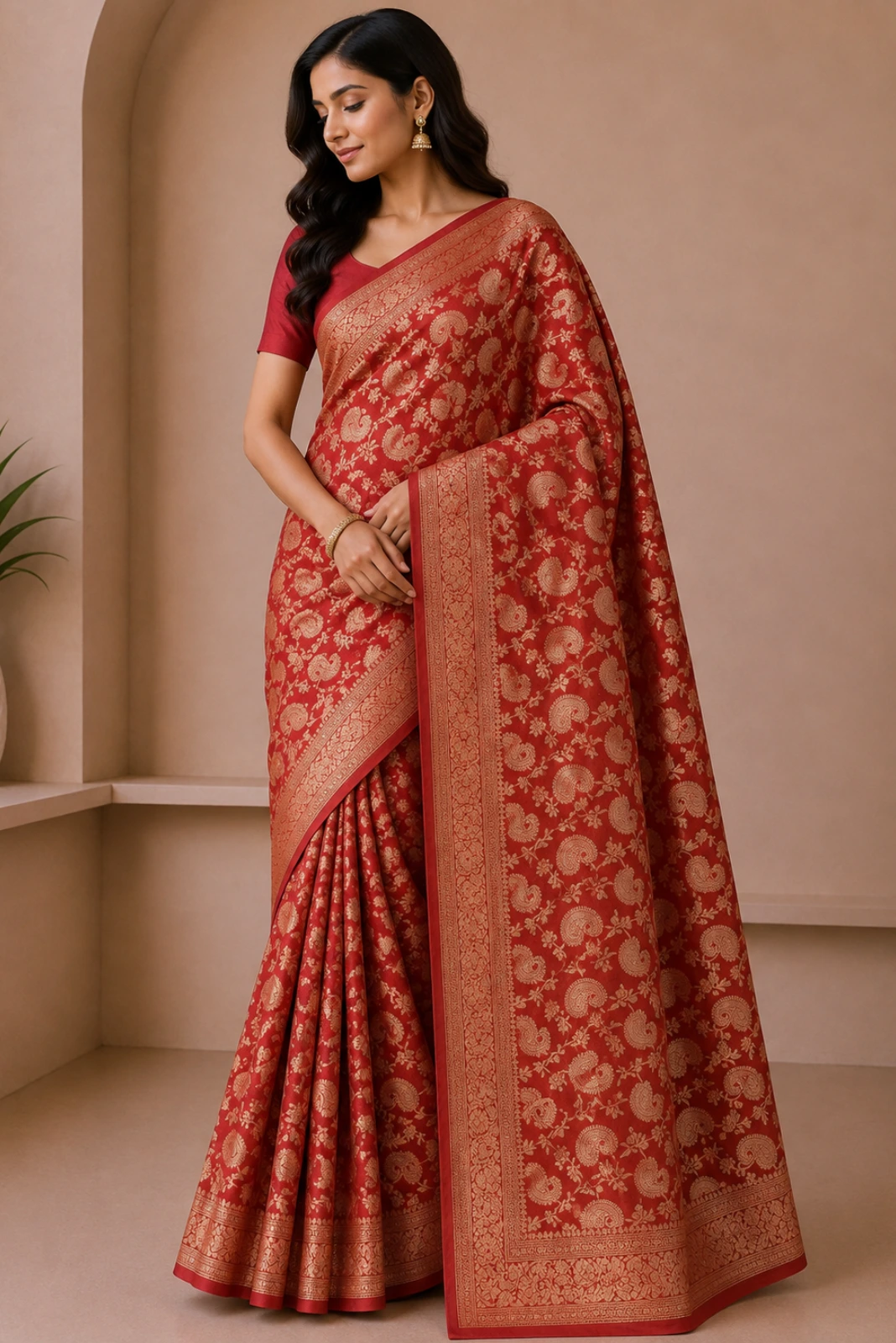 Dull Red Crush Tissue Woven Saree1