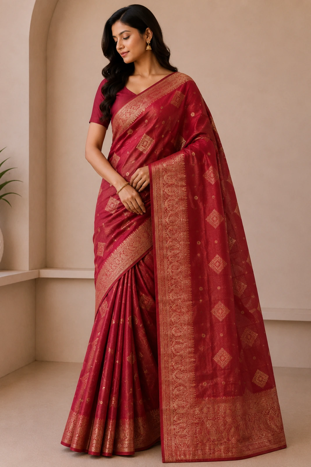 Dull Red Crush Tissue Woven Saree1