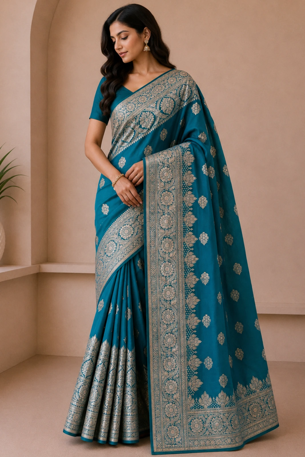 Firozi Satin Jamdani Woven Saree with Dupatta1