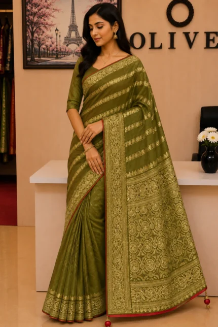 Green Crepe Silk Embroidered Woven Saree