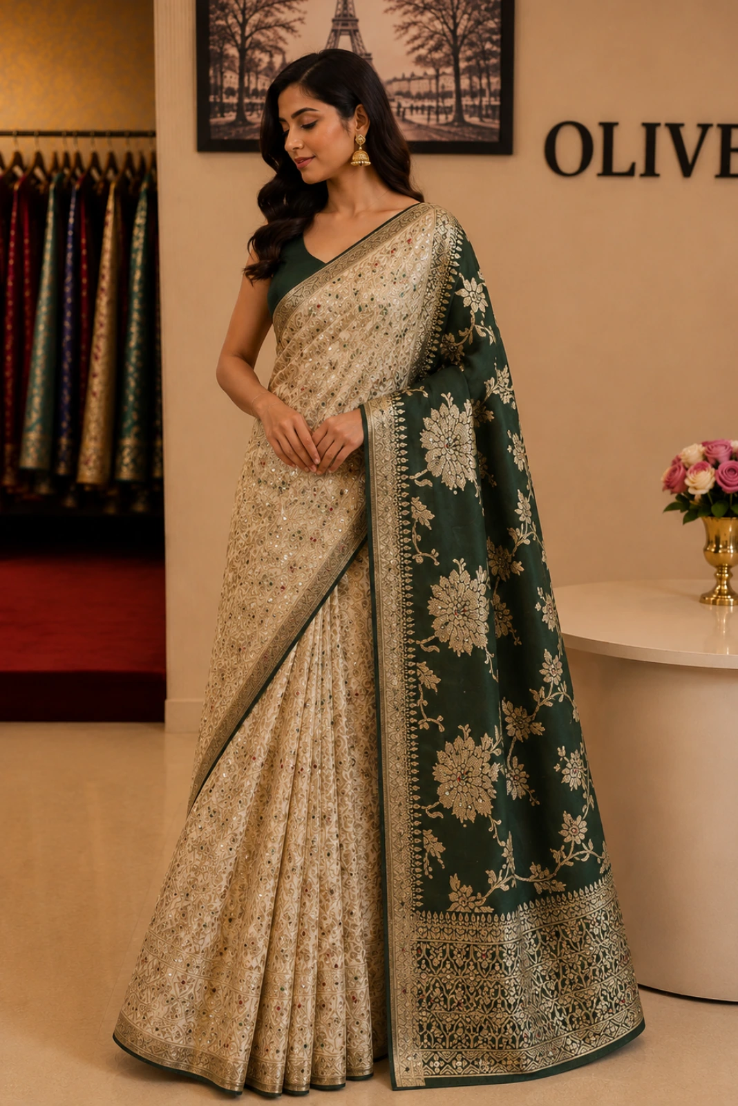 Green Dola Silk Hand Embroidered Woven Saree1