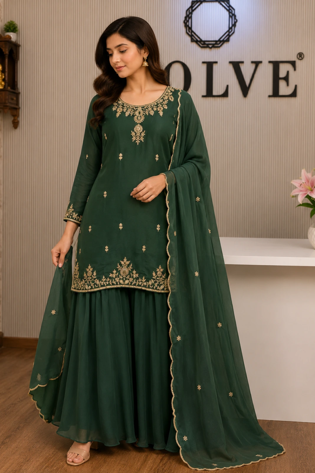 Green Hand Embroidered Short Kurta with Sharara & Dupatta1