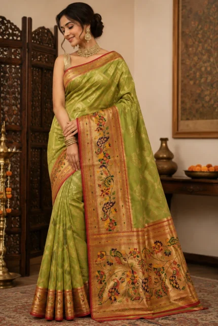 Green Jamdani Silk Weaving Saree