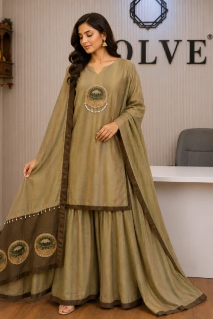 Green Muslin Sleeveless Long A-Line Kurta with Palazzo & Dupatt