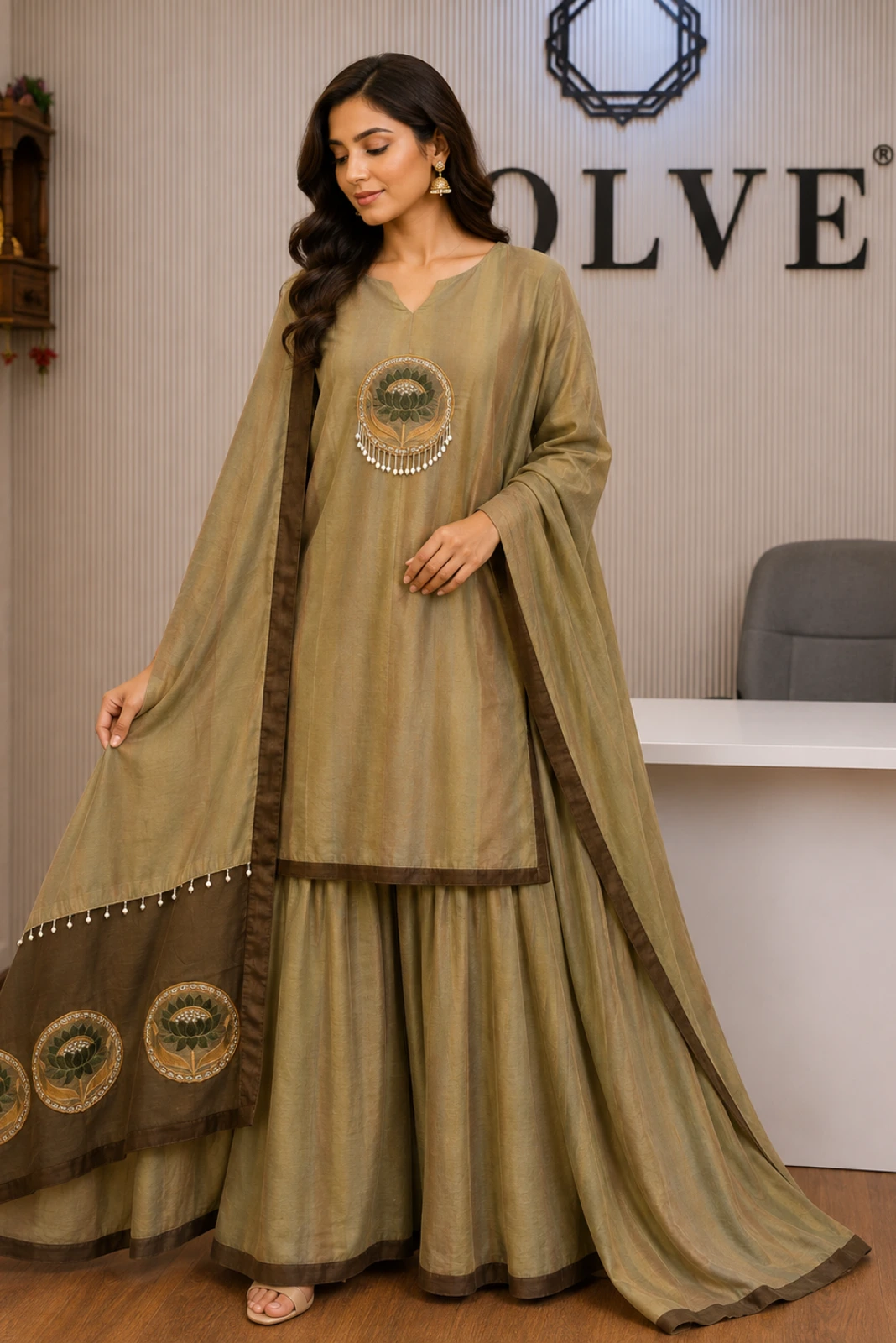 Green Muslin Sleeveless Long A-Line Kurta with Palazzo & Dupatt1