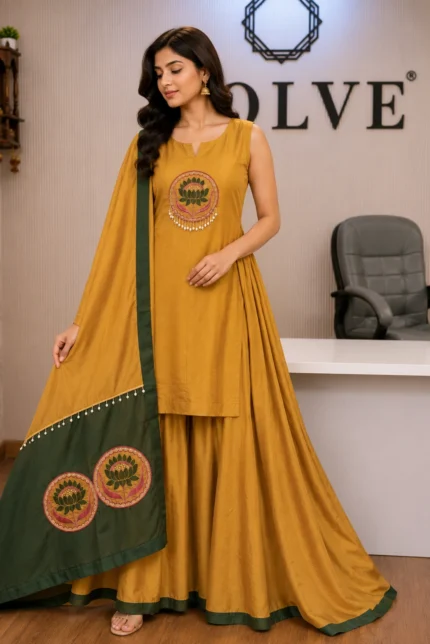 Green Muslin Sleeveless Long A-Line Kurta with Palazzo & Dupatta