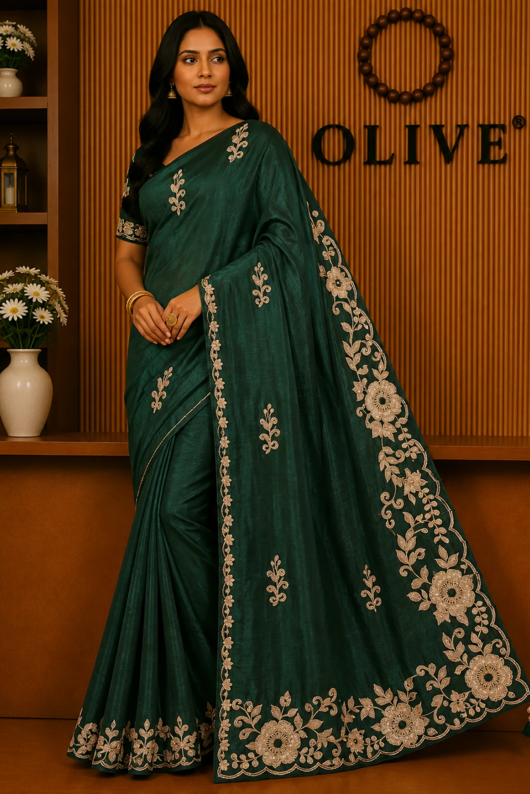 Green Soft Organza Embroidered Saree1