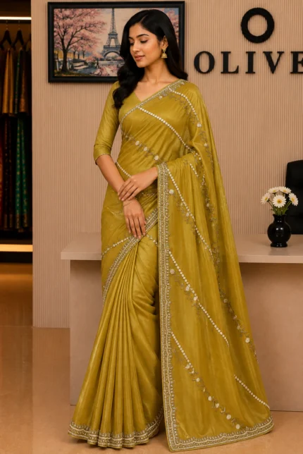 Green Tissue Hand Embroidered Saree