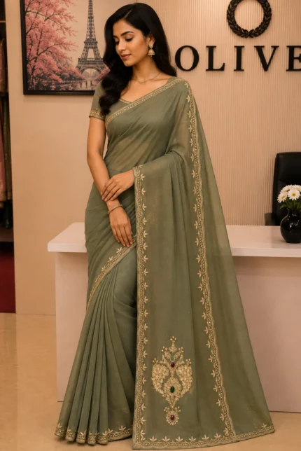 Green Tissue Organza Embroidered Saree