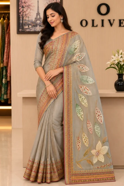 Grey Italian Crepe Woven Saree
