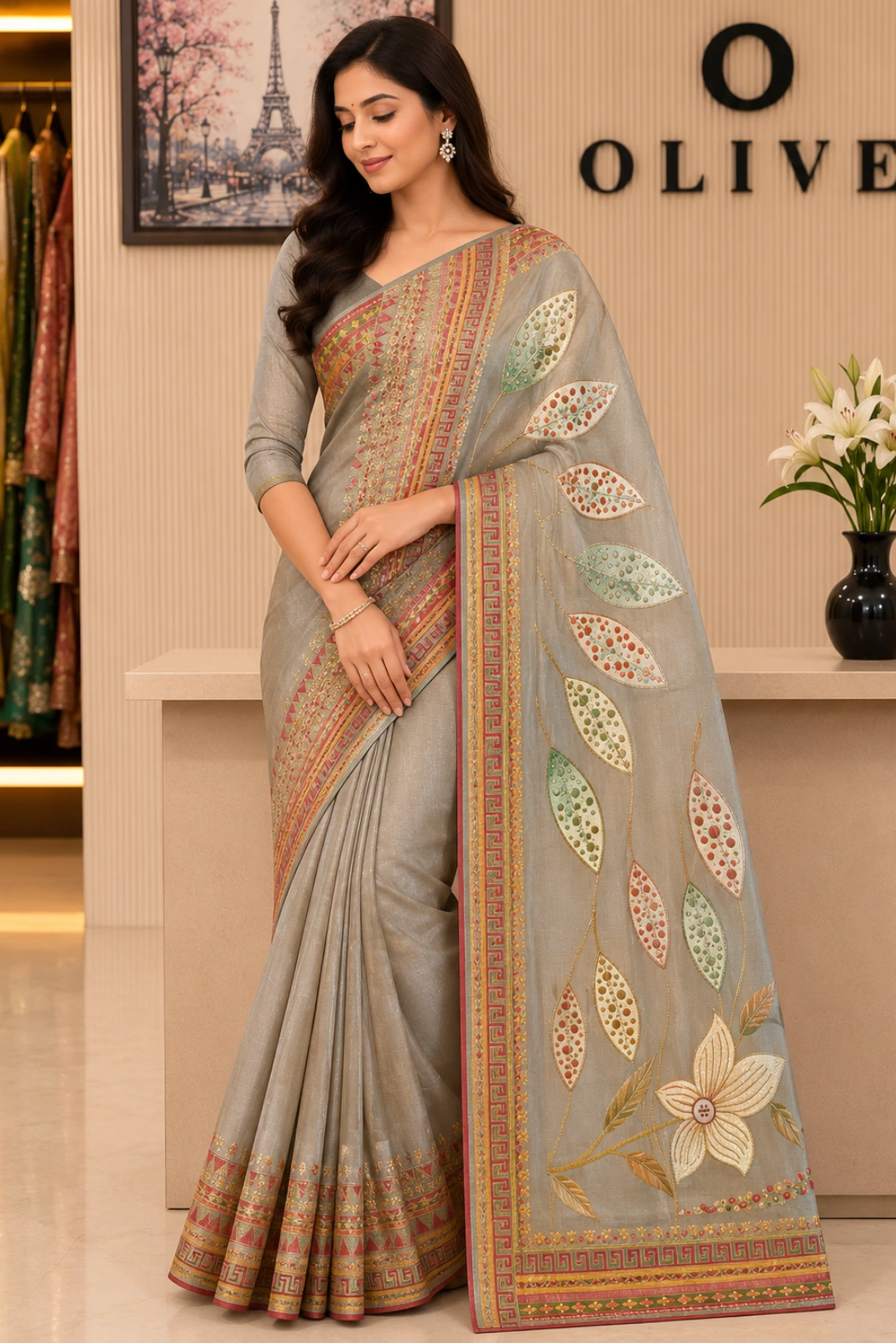 Grey Italian Crepe Woven Saree1