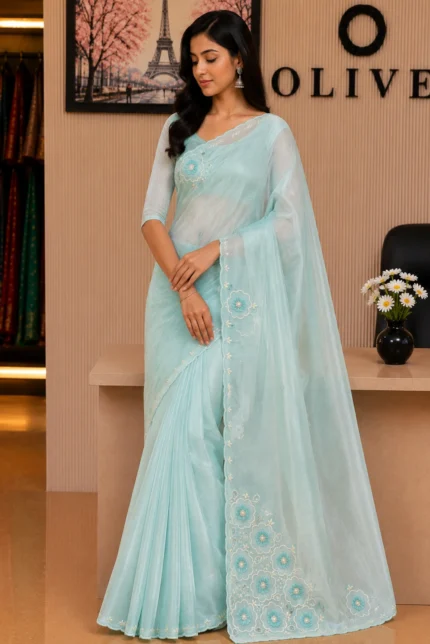 Ice Blue Soft Organza Embroidered Saree