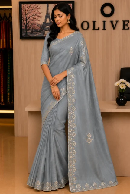 Ice Blue Soft Tissue Silk Embroidered Saree