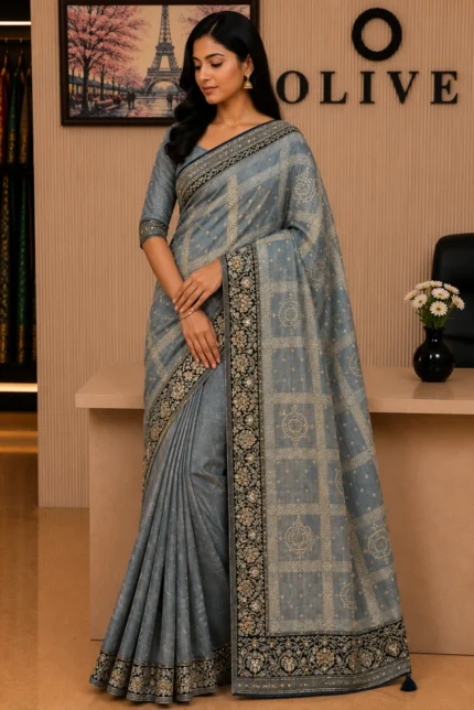 Light Blue Dola Silk Hand Embroidered Saree