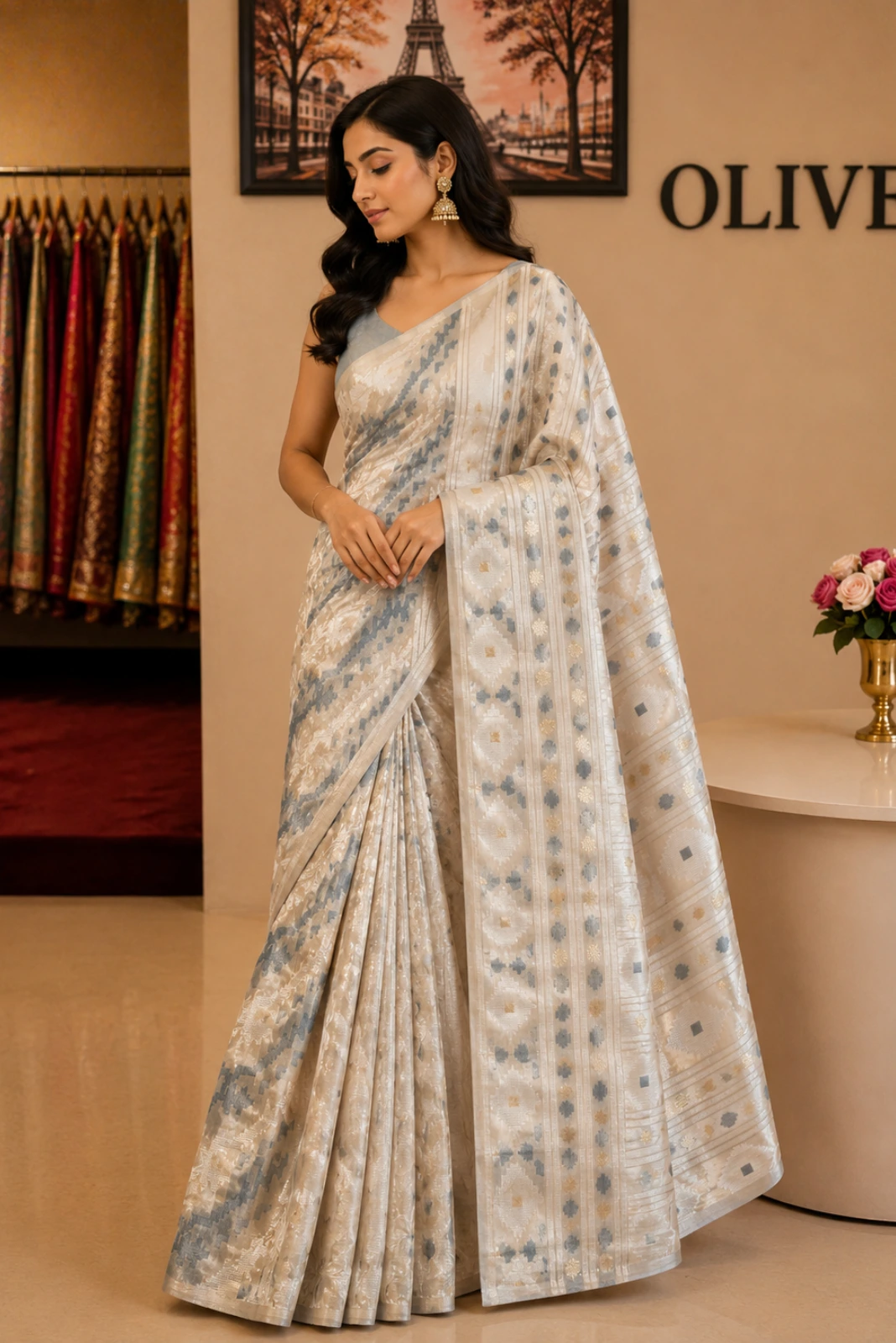 Light Blue & Off White Base Chanderi Cotton Woven Saree1