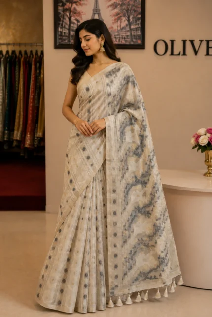 Light Blue & Off White Chanderi Cotton Woven Saree