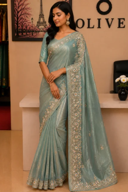 Light Blue Tissue Organza Embroidered Saree