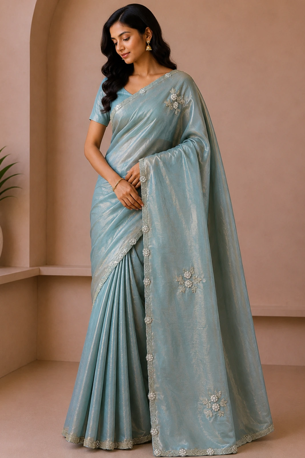 Light Firozi Jimmy Choo Hand Embroidered Saree1