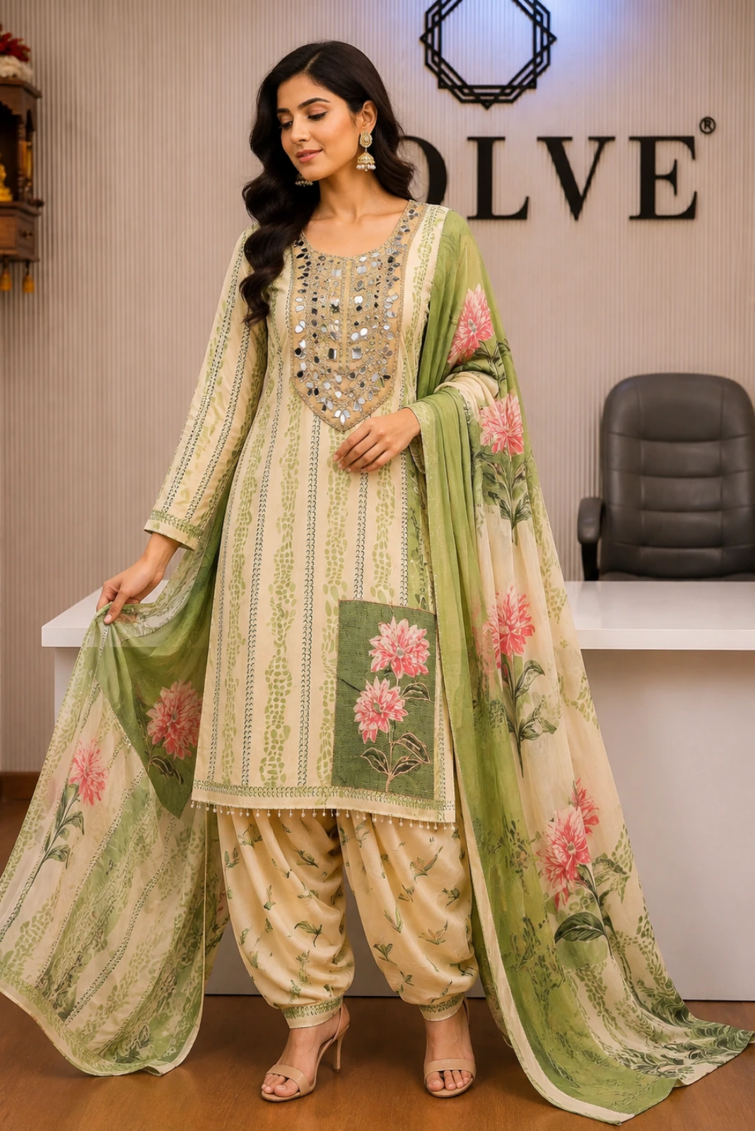 Light Green Floral Short Kurta with Farshi Salwar & Dupatta1