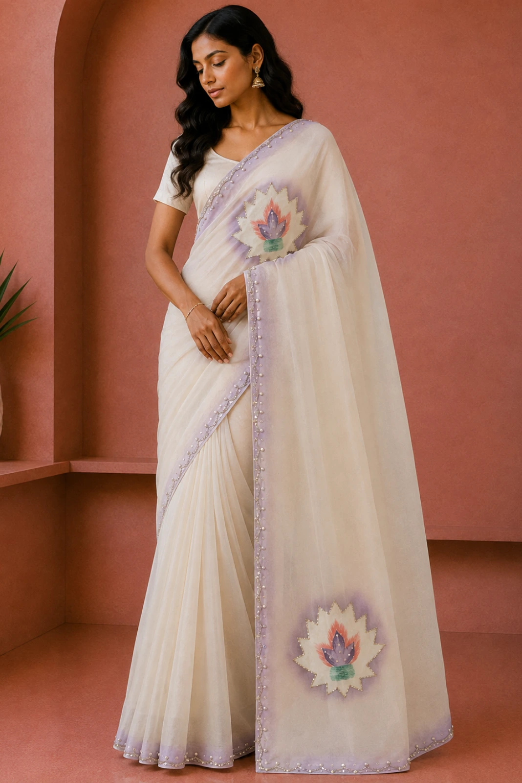Light Lavender & Off White Georgette Hand Embroidered Saree1