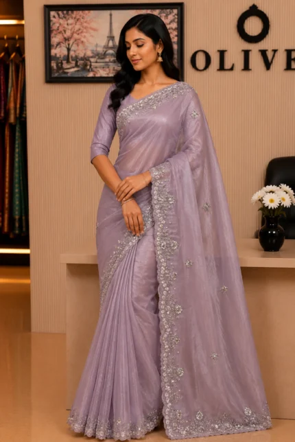 Light Lavender Organza Embroidered Saree