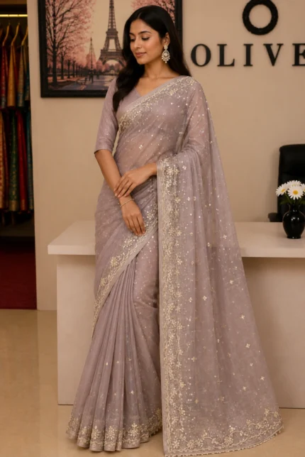 Light Lavender Tissue Organza Embroidered Sequin Work Saree