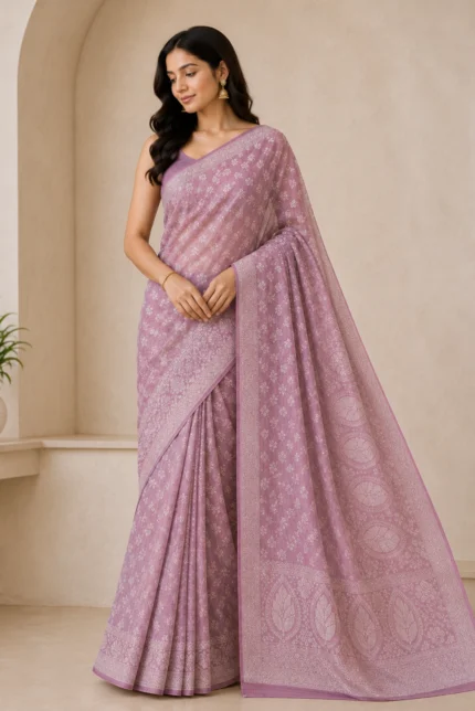 Light Onion Chiffon Floral Printed Woven Saree