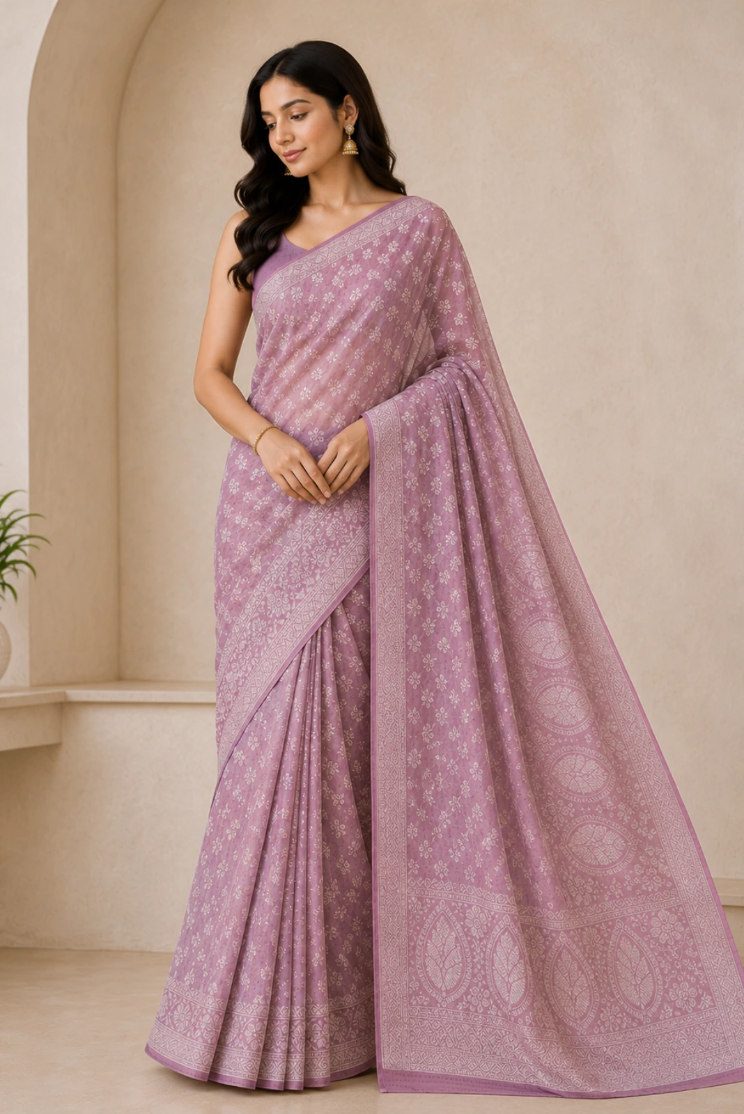 Light Onion Chiffon Floral Printed Woven Saree1