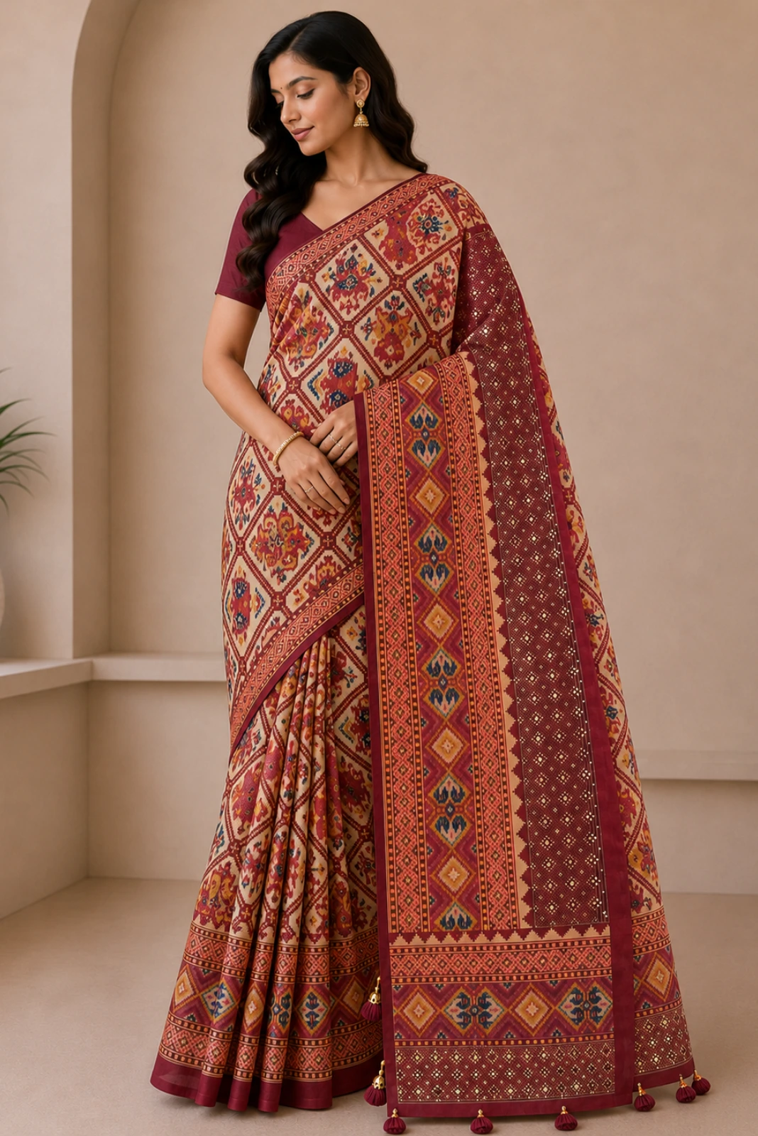 Maroon Patola Print Modal Silk Embroidered Saree1