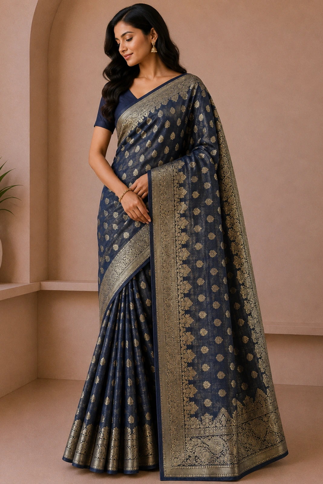 Navy Blue Crush Tissue Woven Saree1