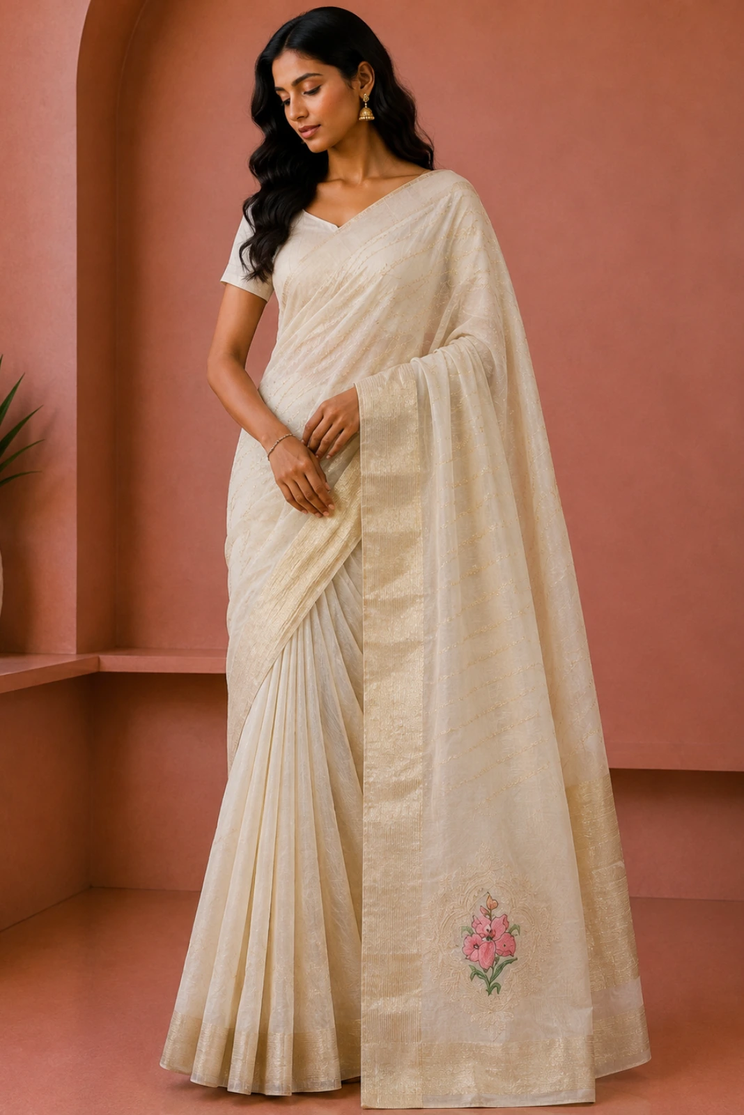 Off White Chanderi Cotton Semi-Casual Thread Embroidered Saree1