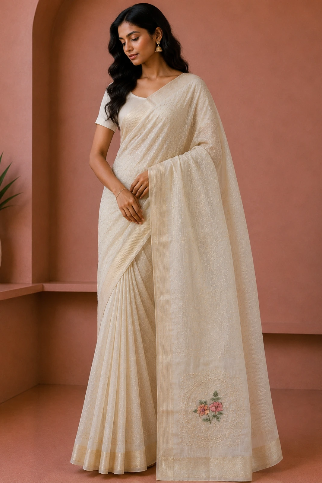 Off White Chanderi Cotton Thread Embroidered Saree1